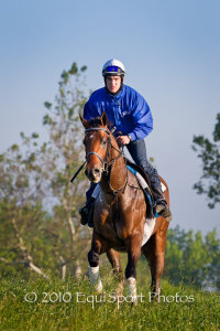 Thoroughbred Racehorse Noble's Promise trained by Kenny McPeek with exercise rider Ray Handal. Photographed by Matt Wooley. Handal Racing